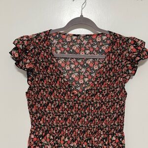 SHEIN Black and Red Floral Ruffle Blouse